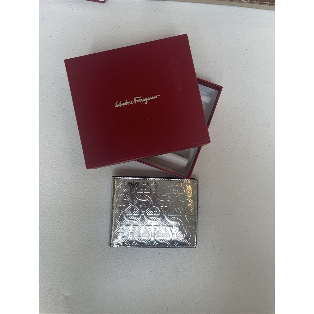 Ferragamo Gancio Embossed Metallic Leather Bifold Wallet New